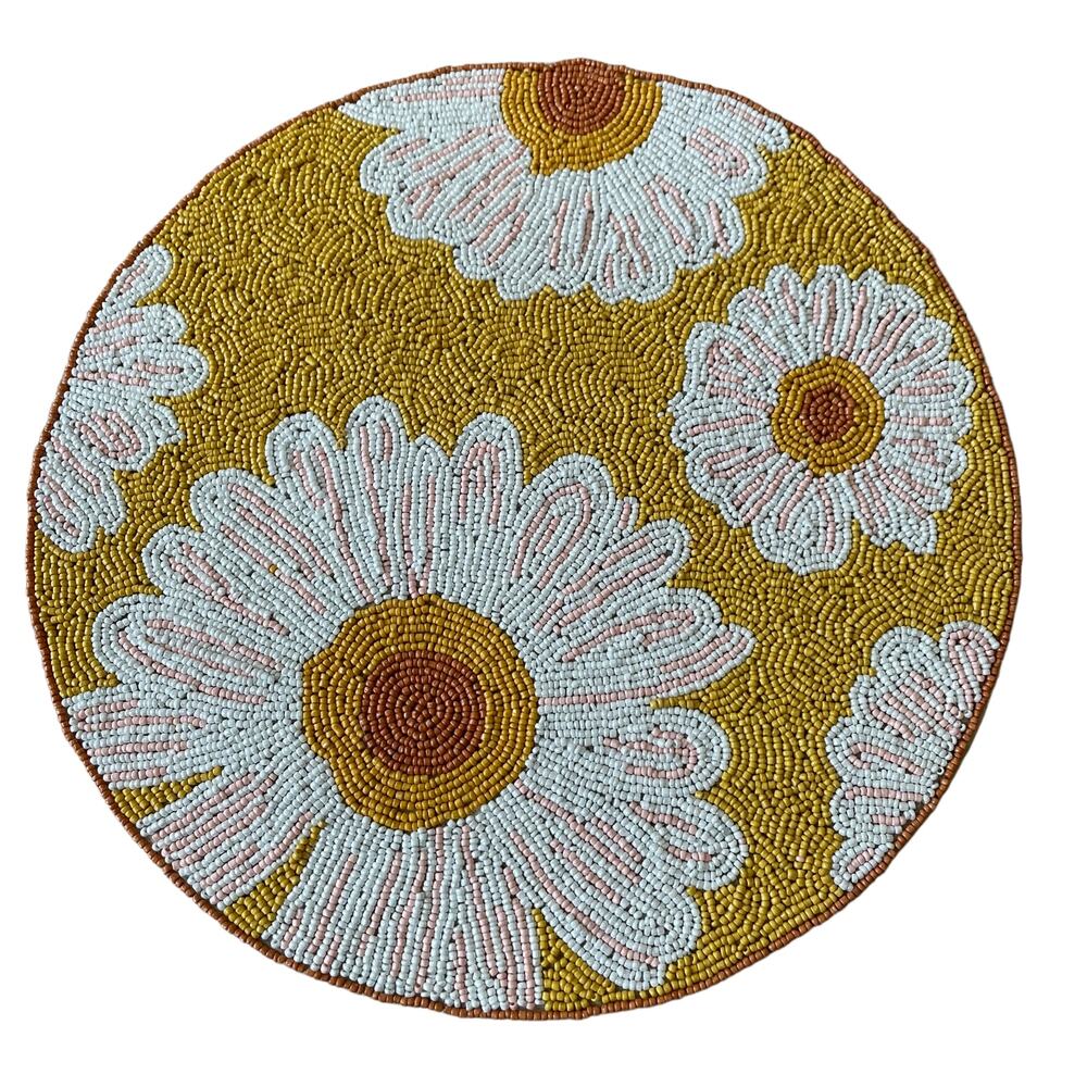 RACHEL ZOE Glass Hand Beaded Charger Placemat Bright Yellow & White Floral NEW